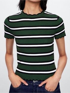 Zara Striped Ribbed Lettuce-Edge Tee - Forest Green & Black